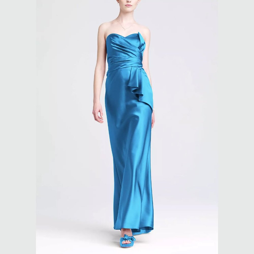 DAVID'S BRIDAL Long turquoise blue strapless satin formal dress with side peplum